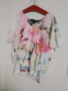 Floral Blouse Layers Flutter Sleeve Pastels Artsy Boho Size XL French Bazaar